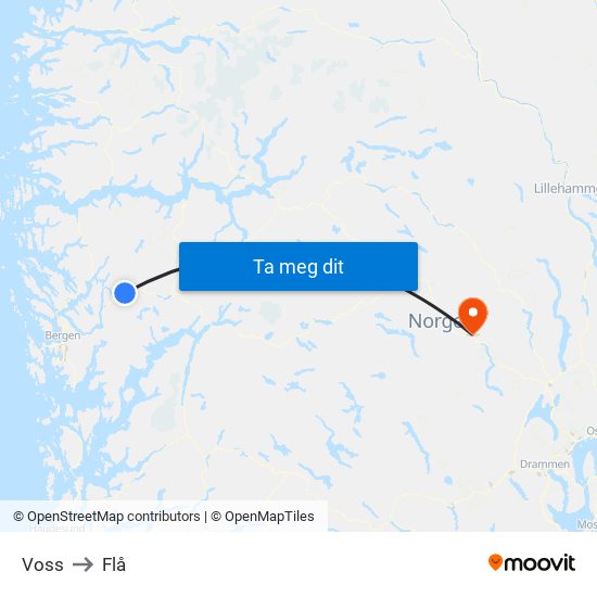 Voss to Flå map