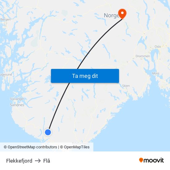 Flekkefjord to Flå map