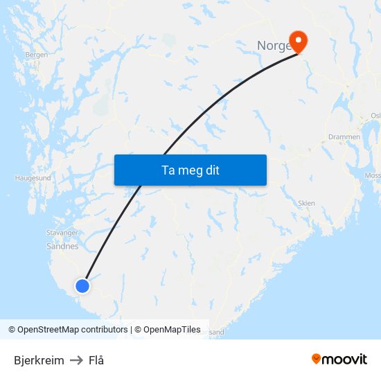 Bjerkreim to Flå map