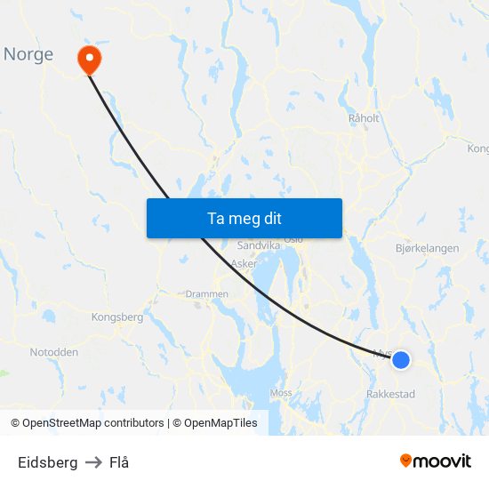 Eidsberg to Flå map