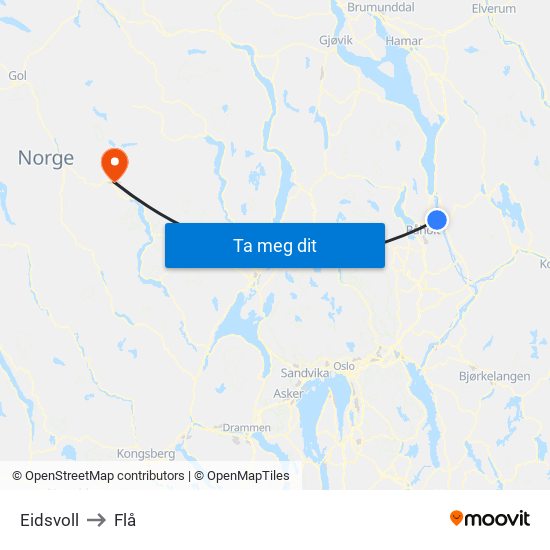 Eidsvoll to Flå map