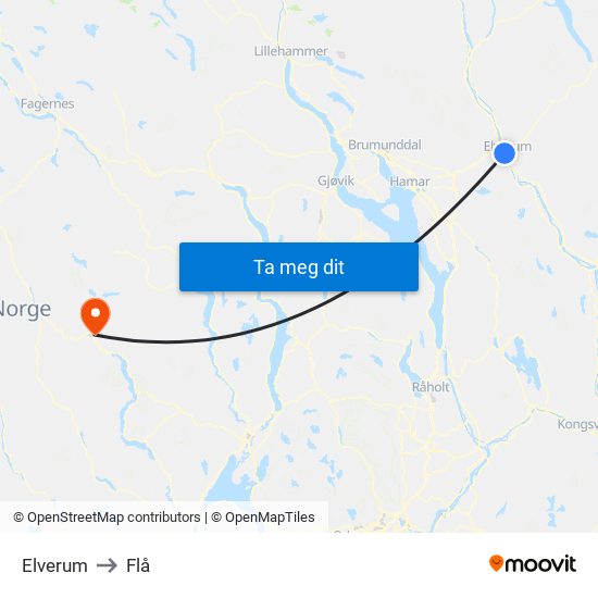 Elverum to Flå map