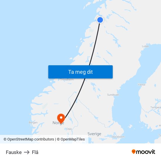 Fauske to Flå map