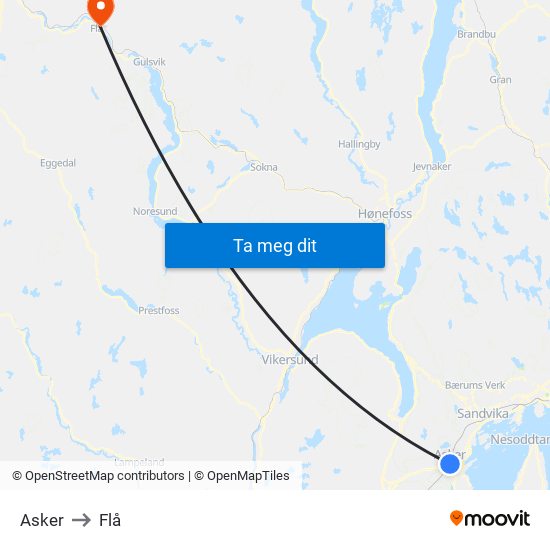 Asker to Flå map