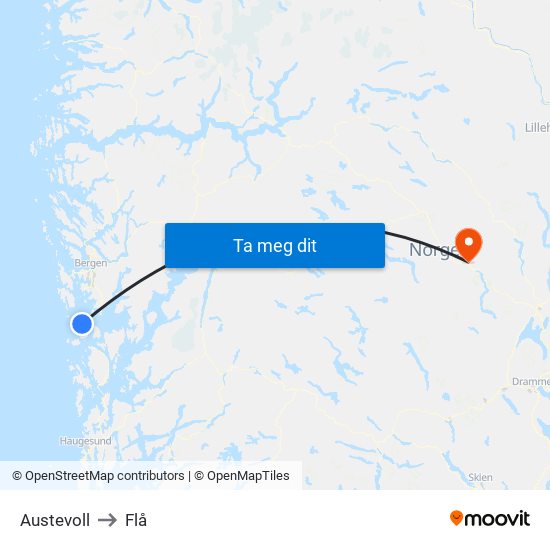 Austevoll to Flå map