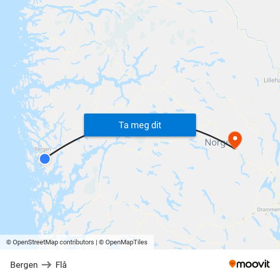 Bergen to Flå map