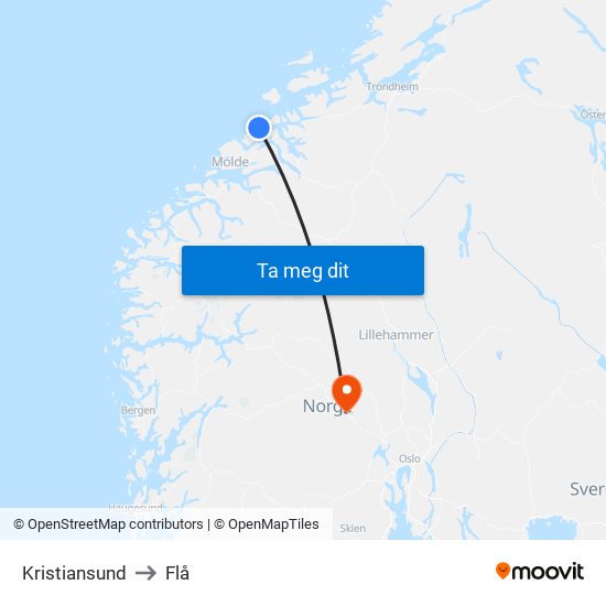 Kristiansund to Flå map