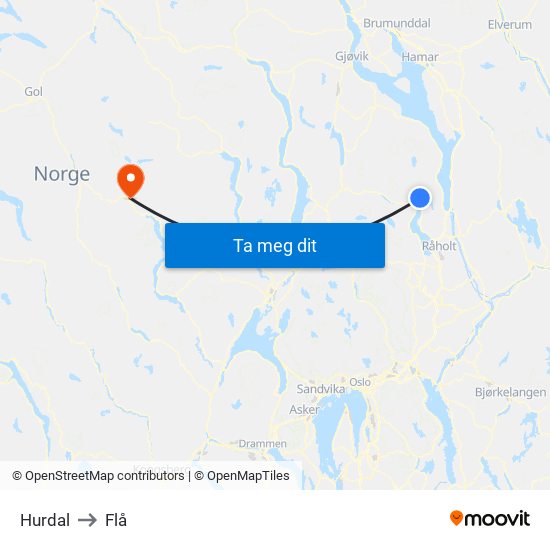 Hurdal to Flå map