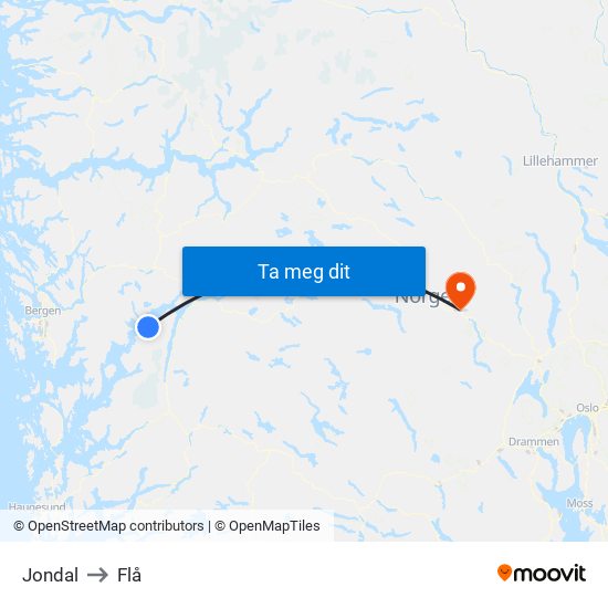 Jondal to Flå map