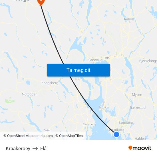 Kraakeroey to Flå map