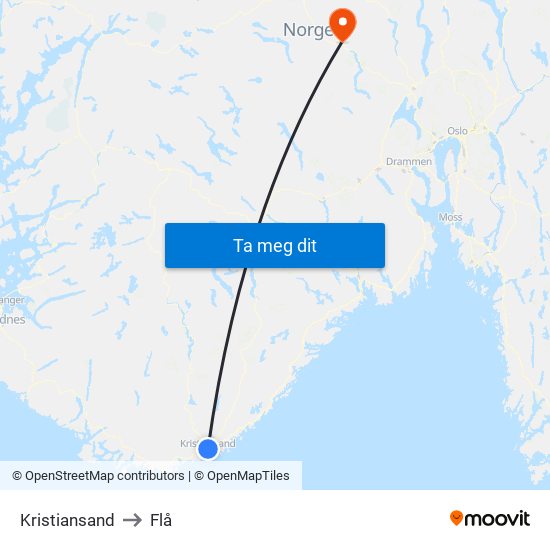 Kristiansand to Flå map