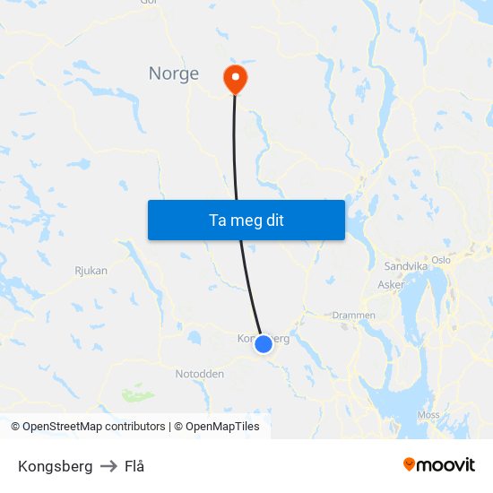 Kongsberg to Flå map