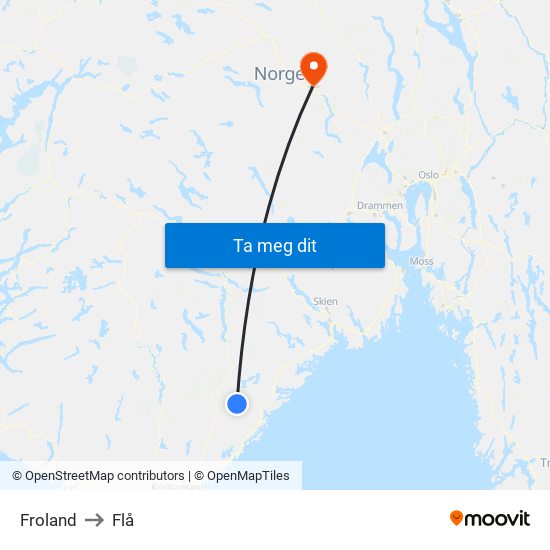 Froland to Flå map