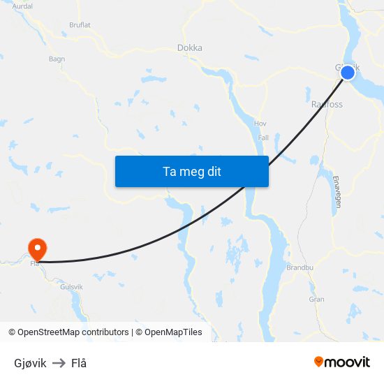 Gjøvik to Flå map