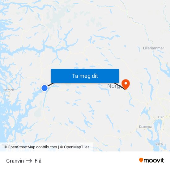 Granvin to Flå map