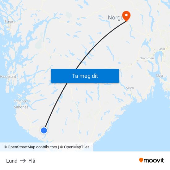 Lund to Flå map