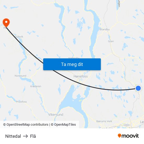 Nittedal to Flå map