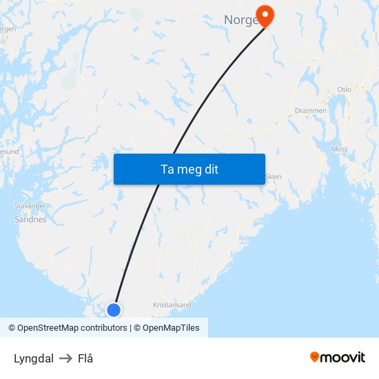 Lyngdal to Flå map