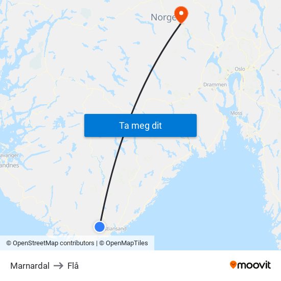 Marnardal to Flå map
