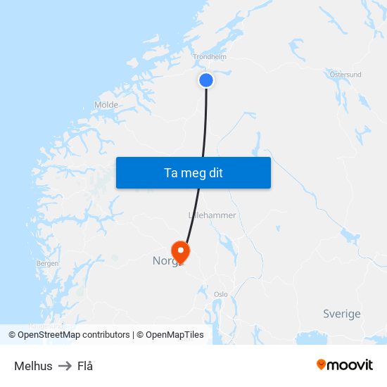Melhus to Flå map