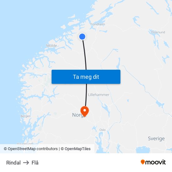 Rindal to Flå map