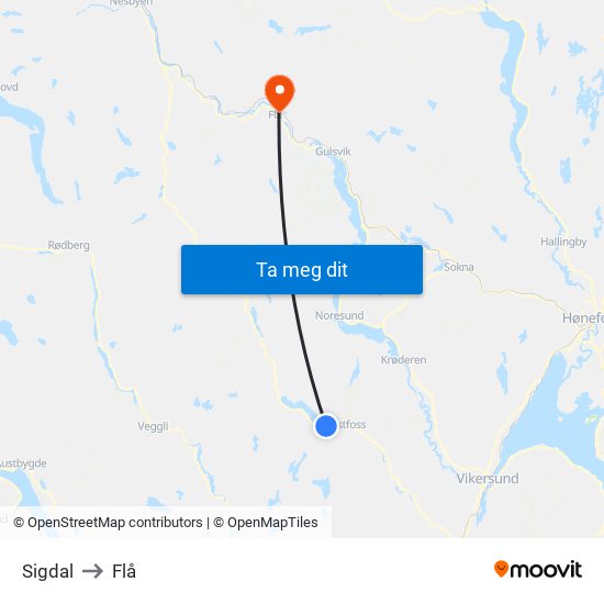 Sigdal to Flå map