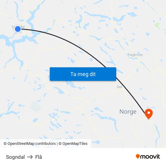 Sogndal to Flå map