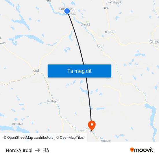 Nord-Aurdal to Flå map