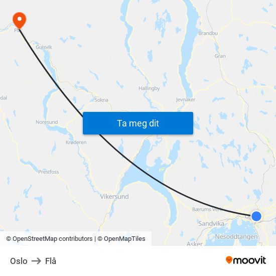 Oslo to Flå map