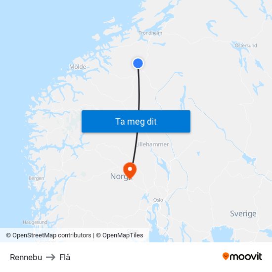 Rennebu to Flå map