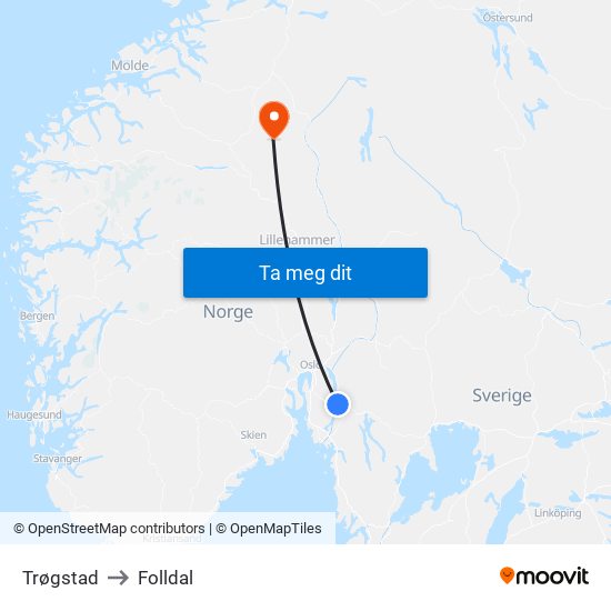 Trøgstad to Folldal map