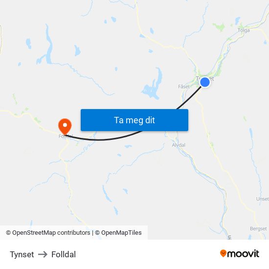 Tynset to Folldal map
