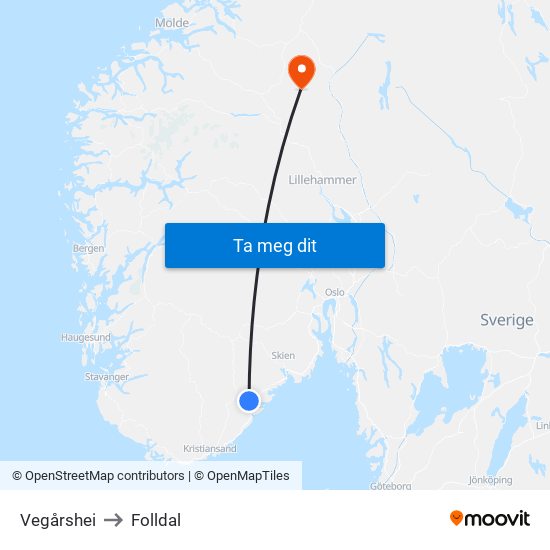 Vegårshei to Folldal map