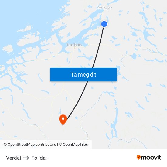 Verdal to Folldal map