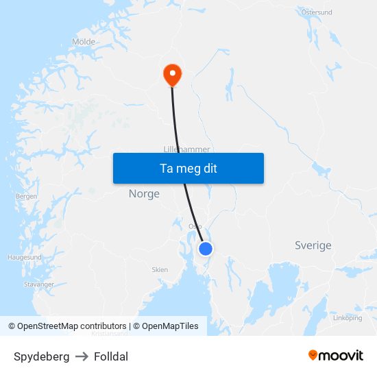 Spydeberg to Folldal map