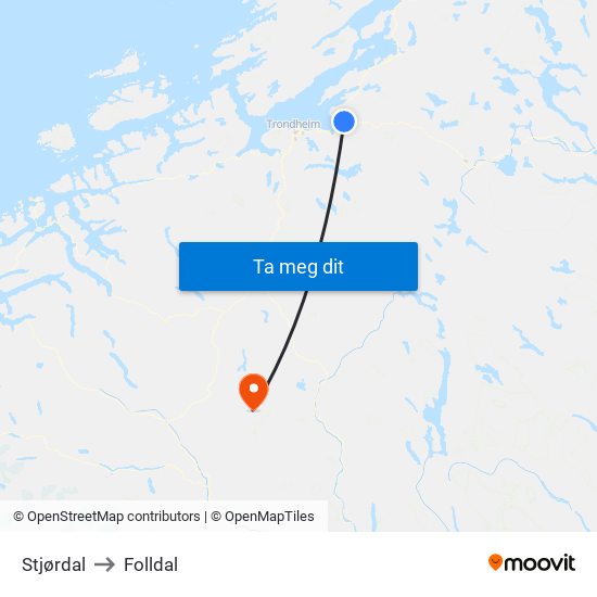 Stjørdal to Folldal map