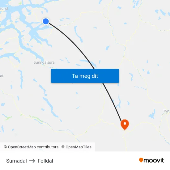 Surnadal to Folldal map