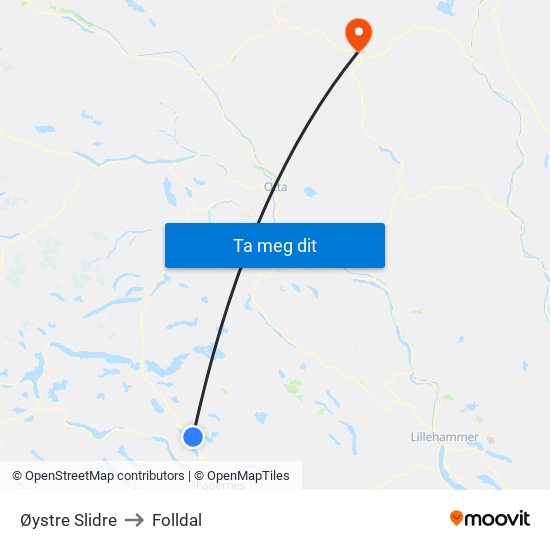 Øystre Slidre to Folldal map