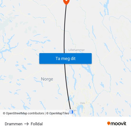Drammen to Folldal map