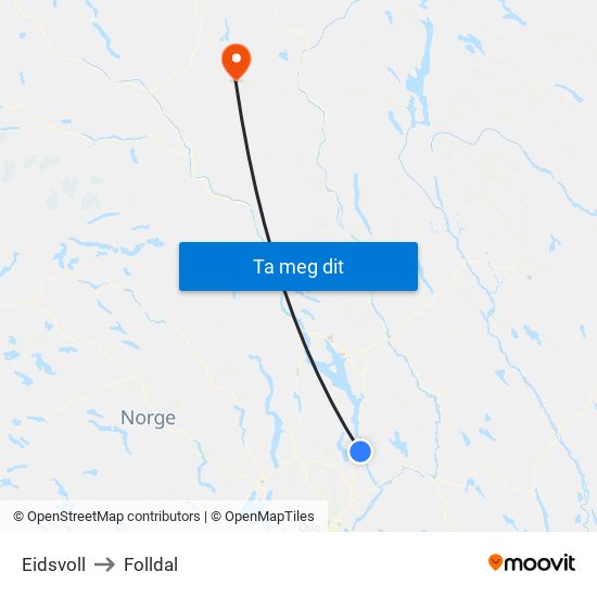 Eidsvoll to Folldal map