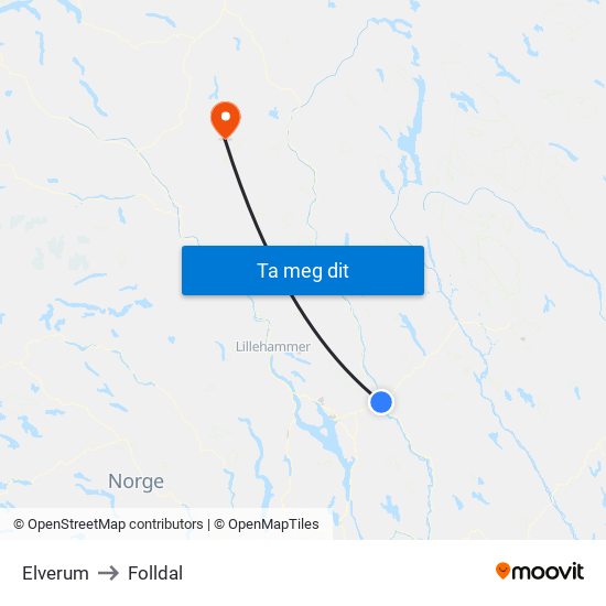 Elverum to Folldal map