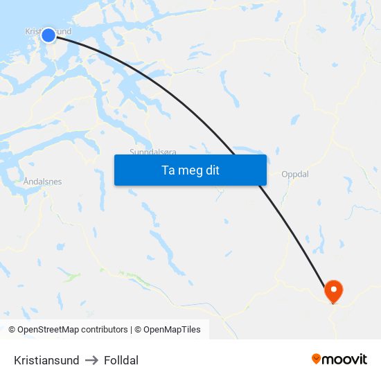 Kristiansund to Folldal map