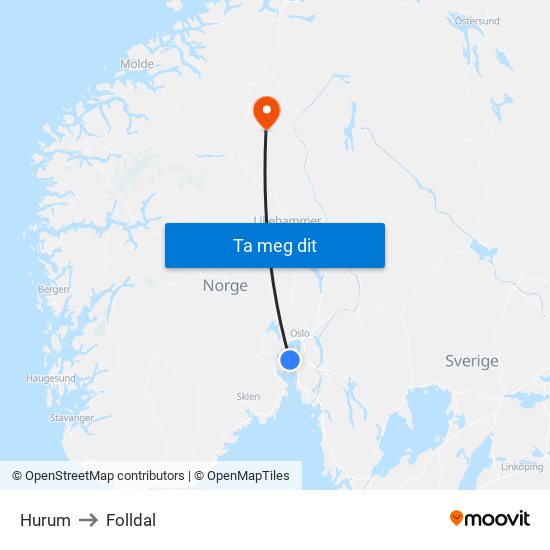 Hurum to Folldal map