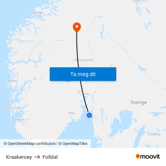 Kraakeroey to Folldal map