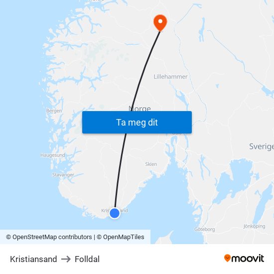 Kristiansand to Folldal map