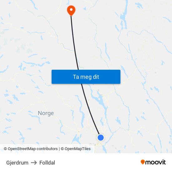 Gjerdrum to Folldal map