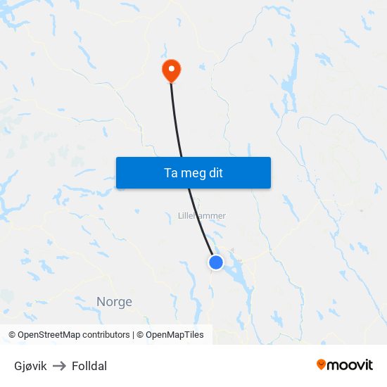 Gjøvik to Folldal map