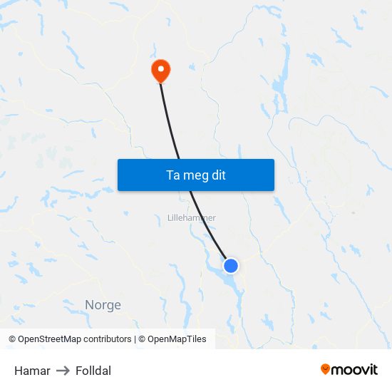 Hamar to Folldal map