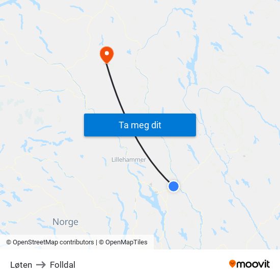 Løten to Folldal map