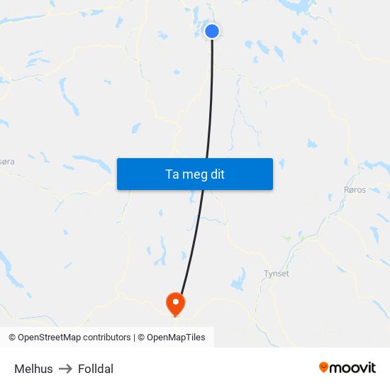 Melhus to Folldal map